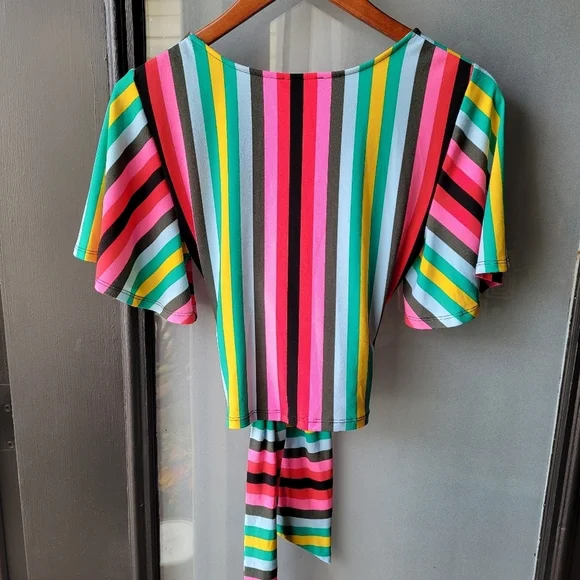 Express Spring Colorful Striped Blouse W/Strap Size S/P Short Sleeve V Neck NWT - Picture 3 of 10